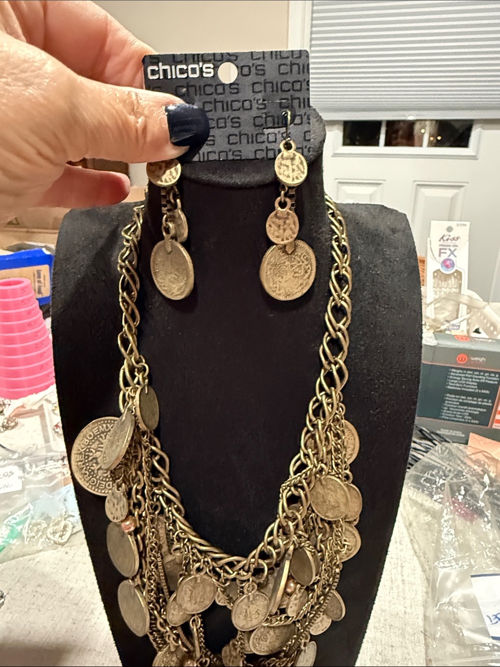 Chico's Gold Coin Statement Necklace & Earrings Set – Layered Gypsy Coin Chain –